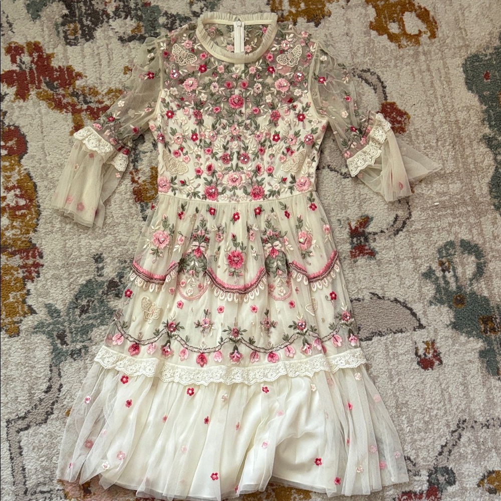 Needle & Thread Ivory Tulle Dress with Pink and Green Floral Embroidery